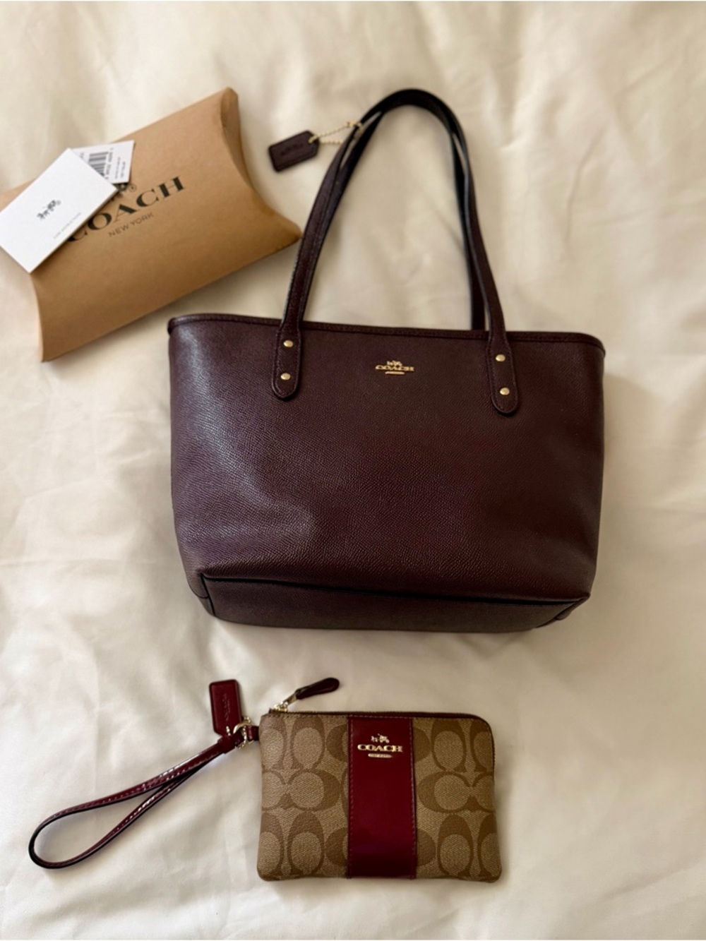 Coach Burgundy Leather Shoulder Tote with Signature Wristlet